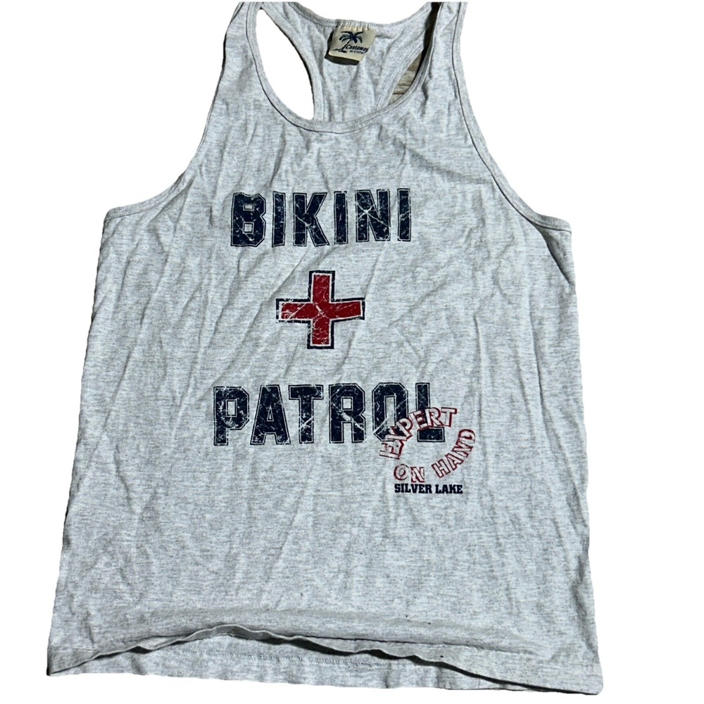 Vintage Bikini Patrol Tank Top Men's Small Racer Back Silver‎ Lake MI Graphic